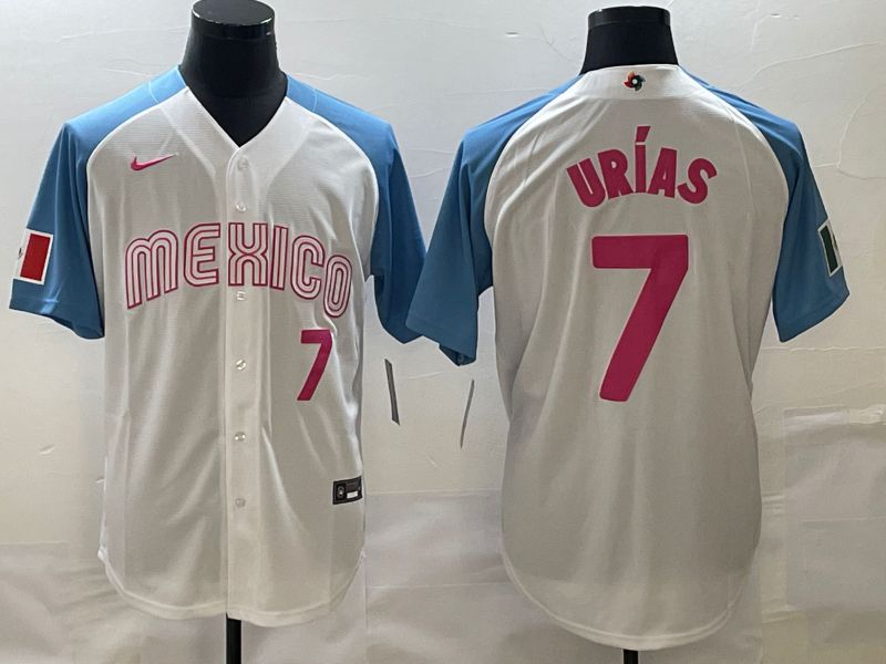 Men 2023 World Cub Mexico 7 Urias White blue Nike MLB Jersey19